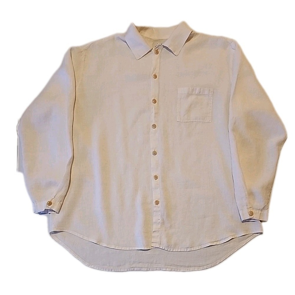 Flax Button Up Blouse Linen Lagenlook Minimalist Capsule Tunic White Womens Sz L